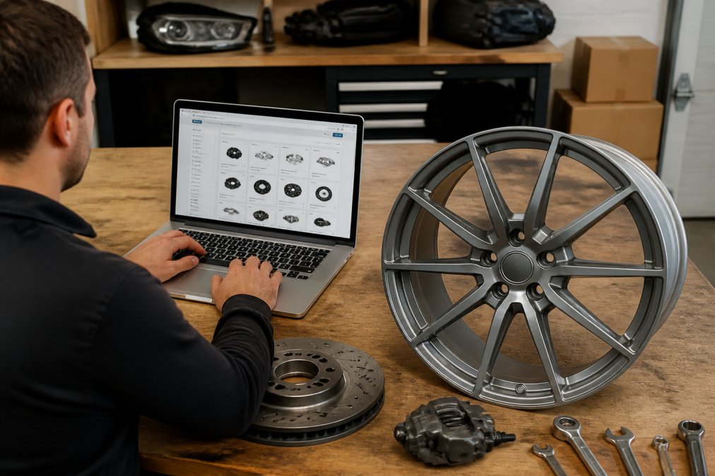 Person at a workbench with laptop open showing an online parts store interface, surrounded by genuine Audi components and installation tools in natural daylight