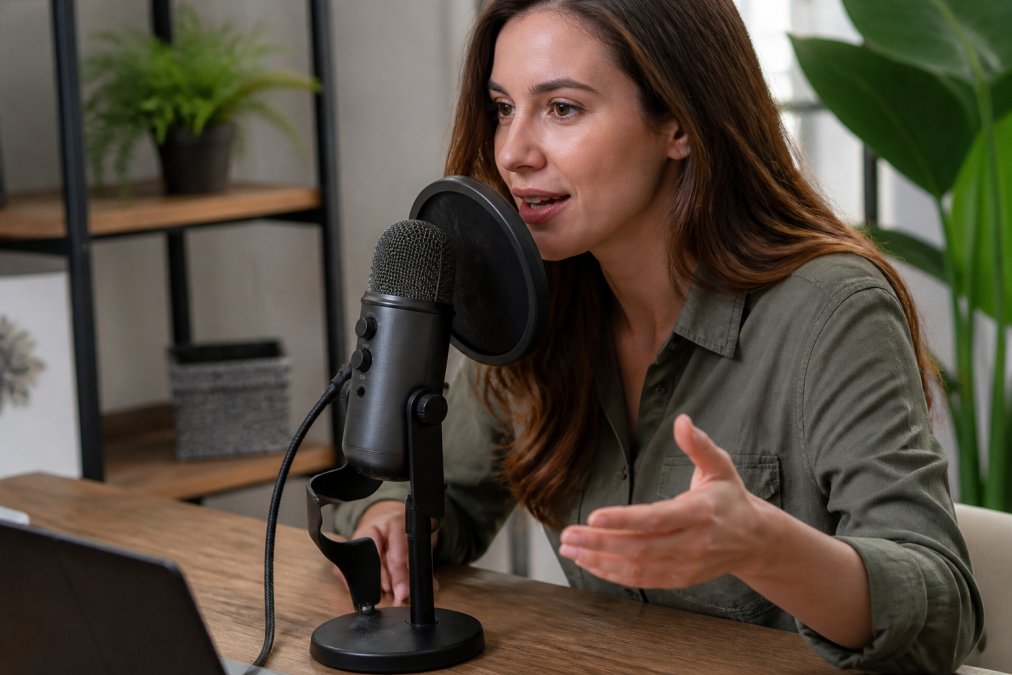 Content creator speaking into a USB condenser microphone at a desk with pop filter and desk stand, natural window lighting visible