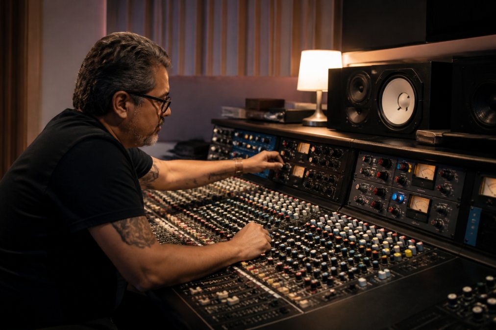 Audio engineer using an analog console to master audio formats podcast distribution in a professional studio