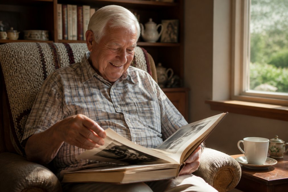 Older adult relaxing in a comfortable armchair reading a vintage photo book with warm natural light streaming through a window, smiling as they turn the pages
