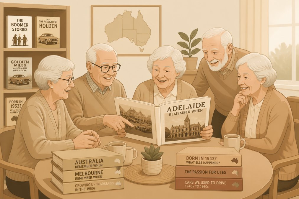 Group of elderly residents in an aged care setting gathered around a table sharing and discussing a history book together, engaged and smiling
