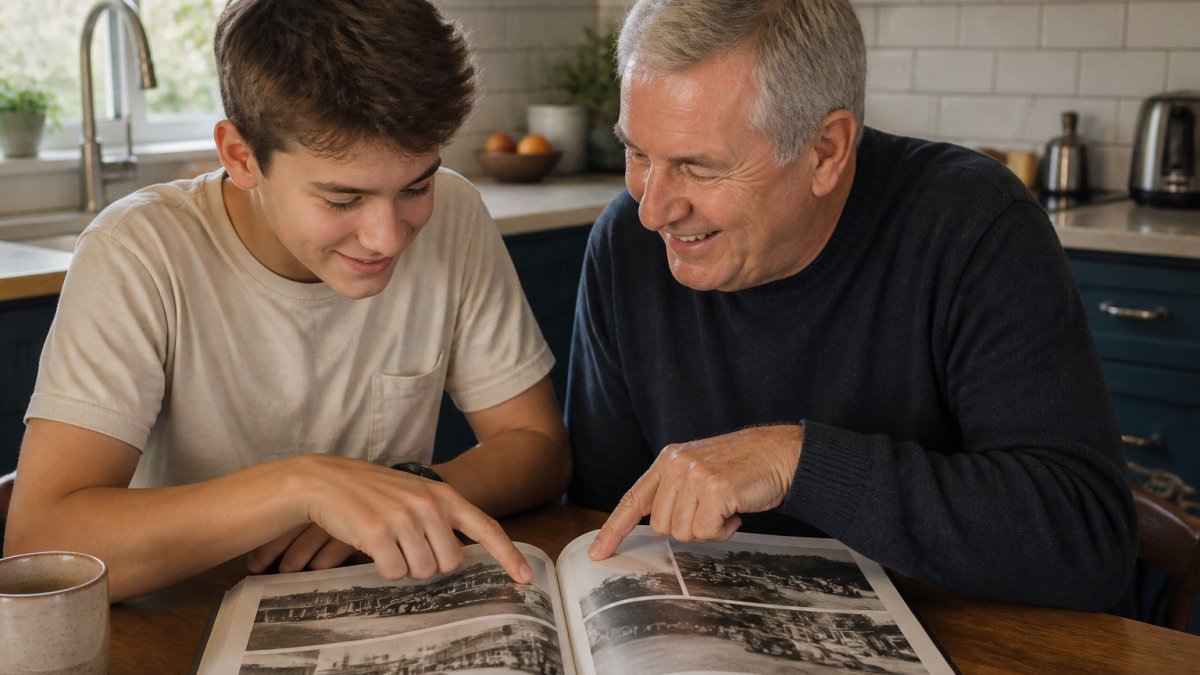 A secondary student and an older relative sitting together at a kitchen table, turning the pages of a large photo book filled with black-and-white Australian street scenes from the 1950s, both smiling as they point at a picture.