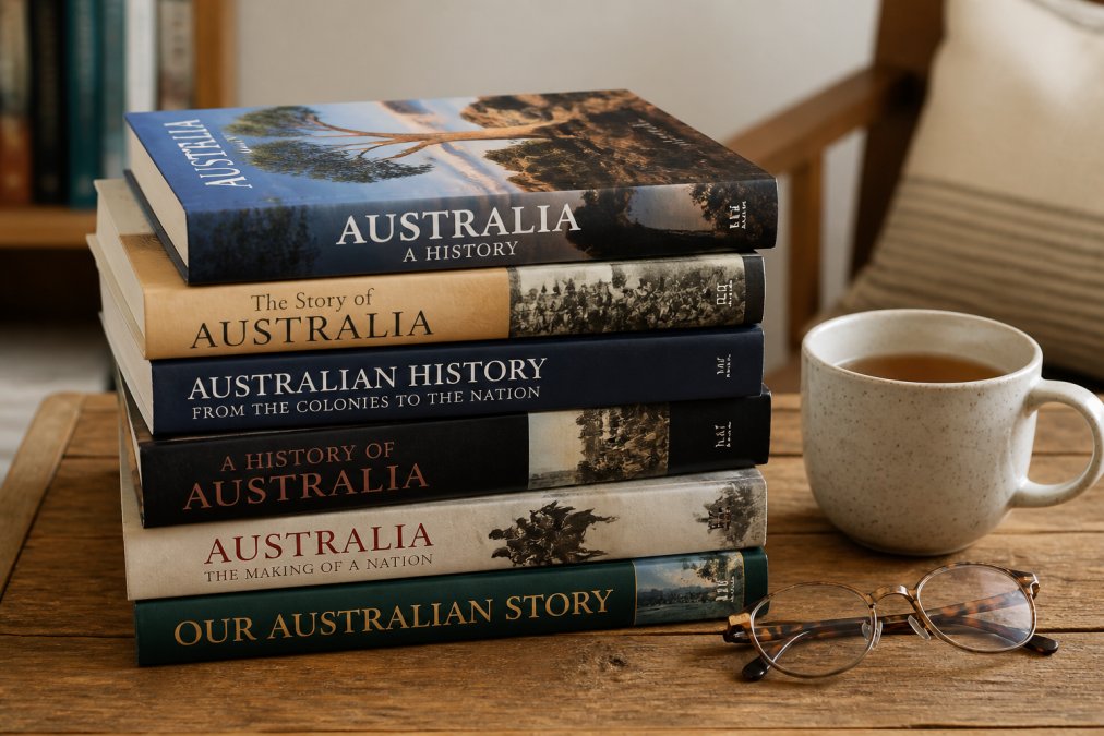 A stack of nostalgic Australian history books with their covers visible, placed on a wooden table beside a cup of tea and reading glasses