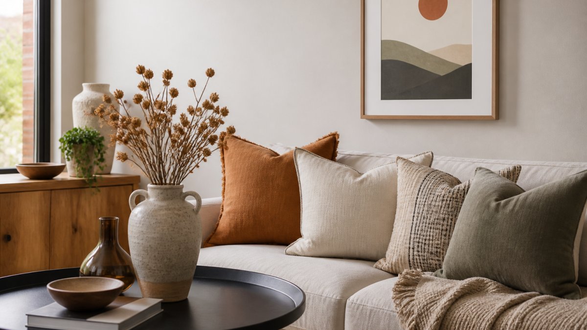 Living room corner styled with earthy cushions, a ceramic vase, and wall art from the best australian home decor online