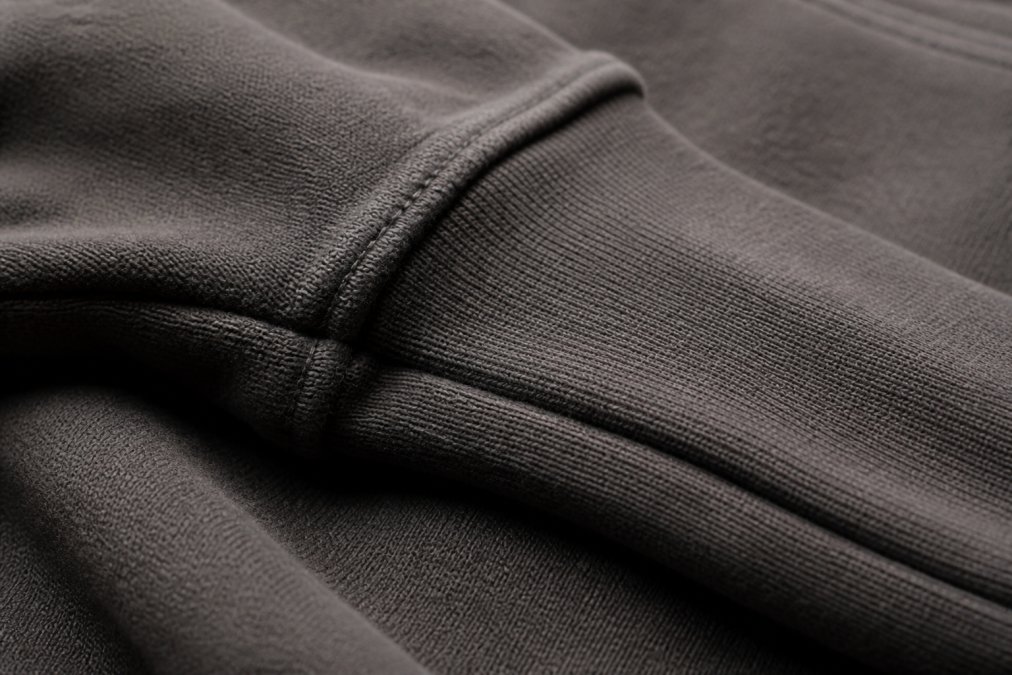 Close-up of heavyweight cotton fabric texture showing tight weave construction and stitching detail on a premium hoodie, natural studio lighting highlighting fabric quality