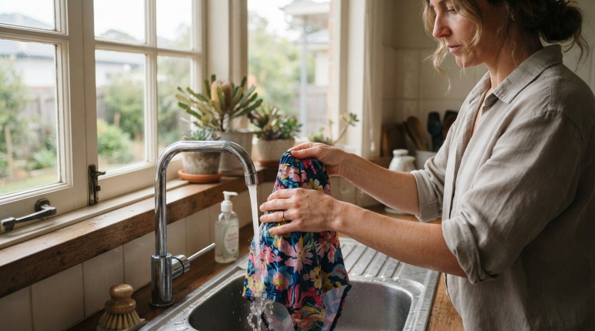 Close-up of hands gently rinsing a colourful swimsuit under fresh running water in a sink, with soft natural morning light streaming through a window