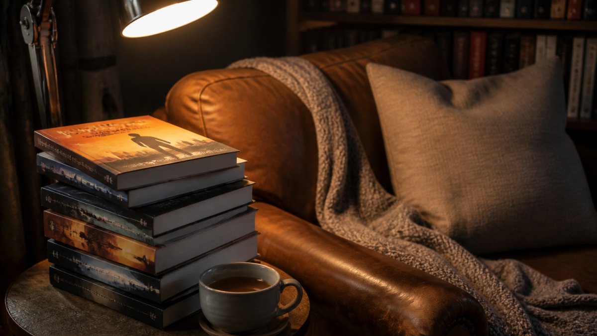 A cosy reading nook with a stack of mystery novels on a side table, a warm lamp, and a cup of tea, evoking a relaxed evening of reading