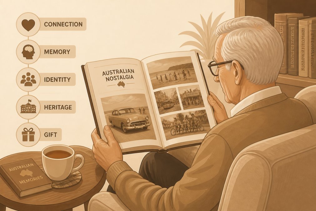 Older adult holding an open nostalgia book with warm lighting, studying vintage photographs on the page, with a cup of tea on the side table