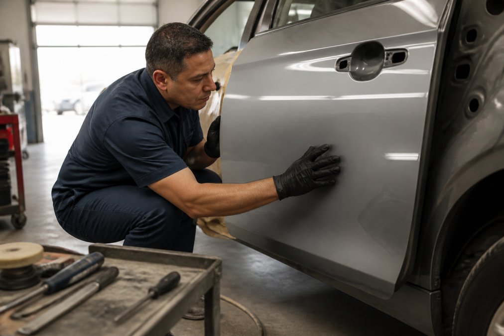 A professional auto body technician in a clean, well-lit workshop carefully inspecting a car door panel for paint matching after a repair, with high-quality tools nearby