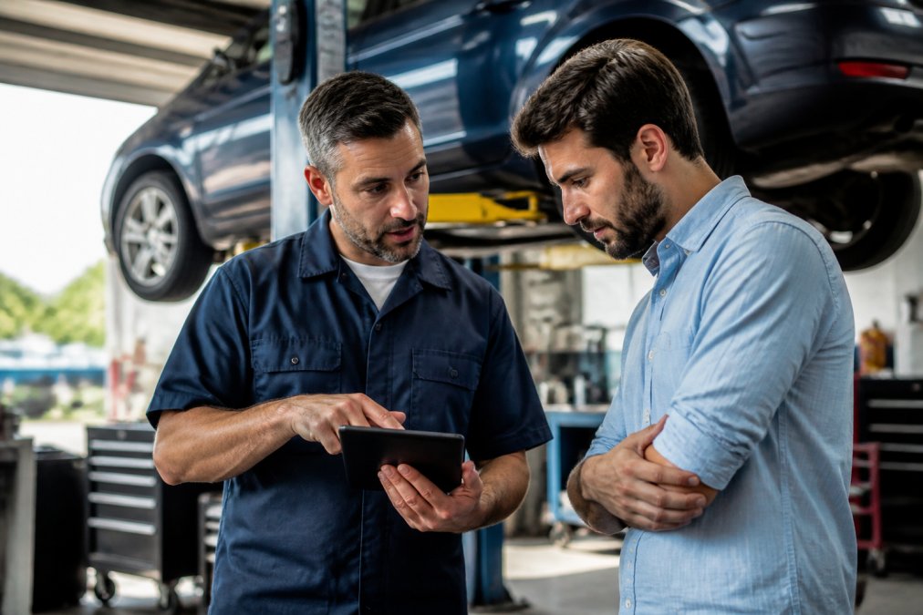 ASE certified mechanic using a tablet to explain car repairs to a customer in a bright Boynton Beach shop