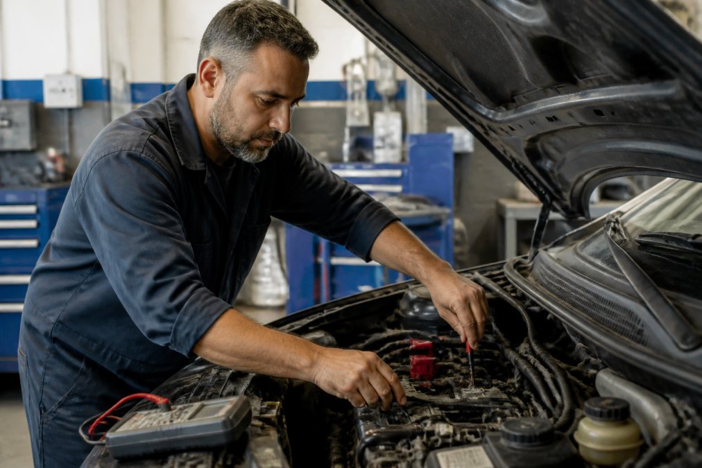 ASE-certified mechanic in work uniform performing electronic diagnostic check on a vehicle engine in a well-lit auto repair shop bay with professional diagnostic equipment