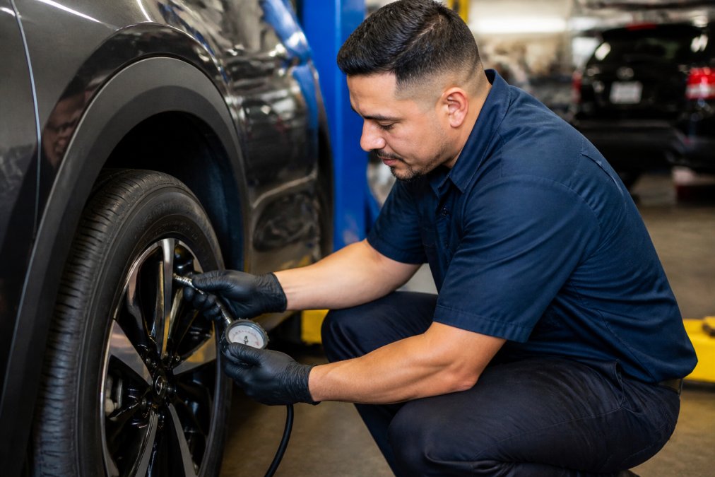 Technician checking vehicle tire pressure and tread depth with professional gauge during routine maintenance appointment in modern auto shop