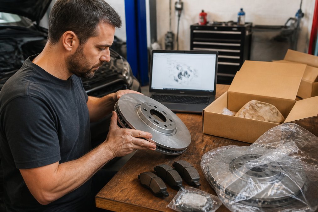 A DIY mechanic in a home garage inspecting a genuine Audi OEM brake rotor and pad kit on a workbench, with a laptop showing a parts diagram in the background