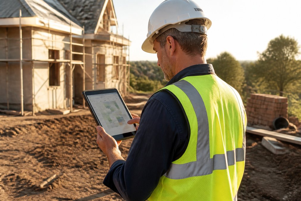 Contractor using appointment scheduling tools on a tablet at a residential job site in the afternoon sun