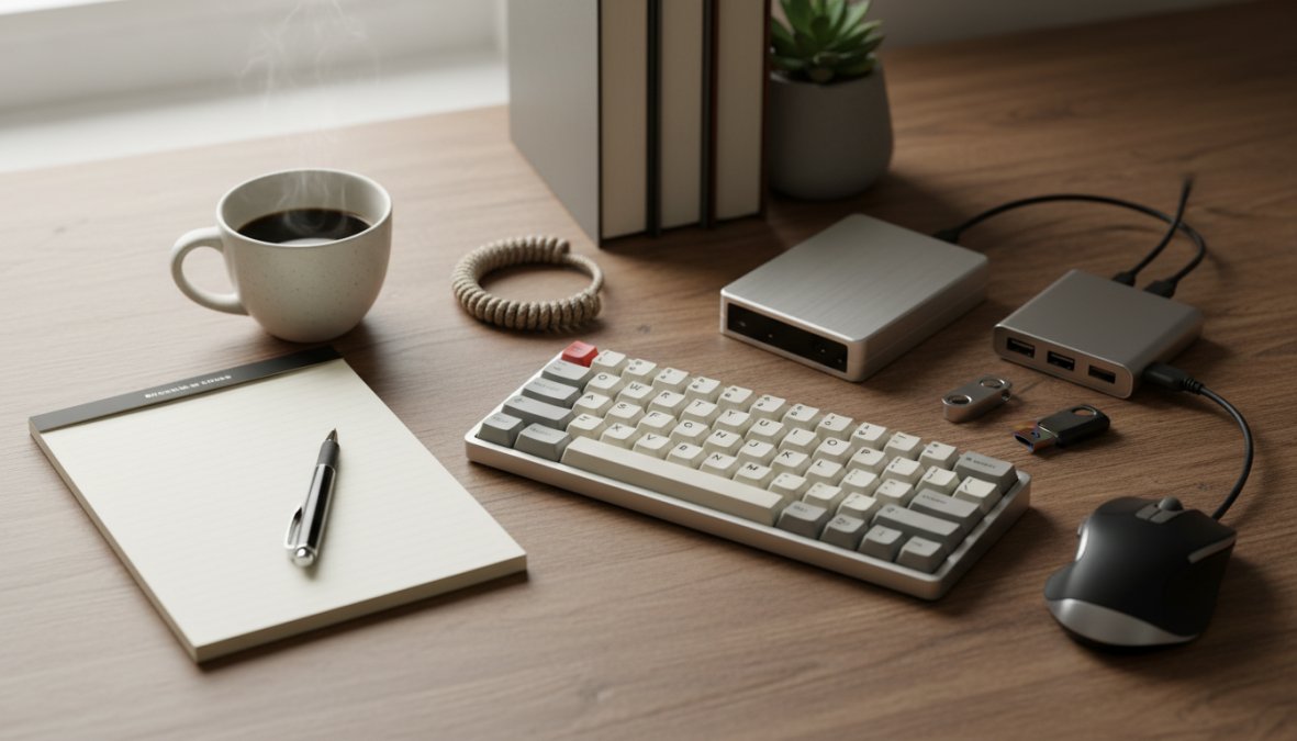 A focused professional reviewing SEO keyword data on a laptop screen at a clean modern desk, with a notepad and coffee nearby, soft natural light coming from a window to the left