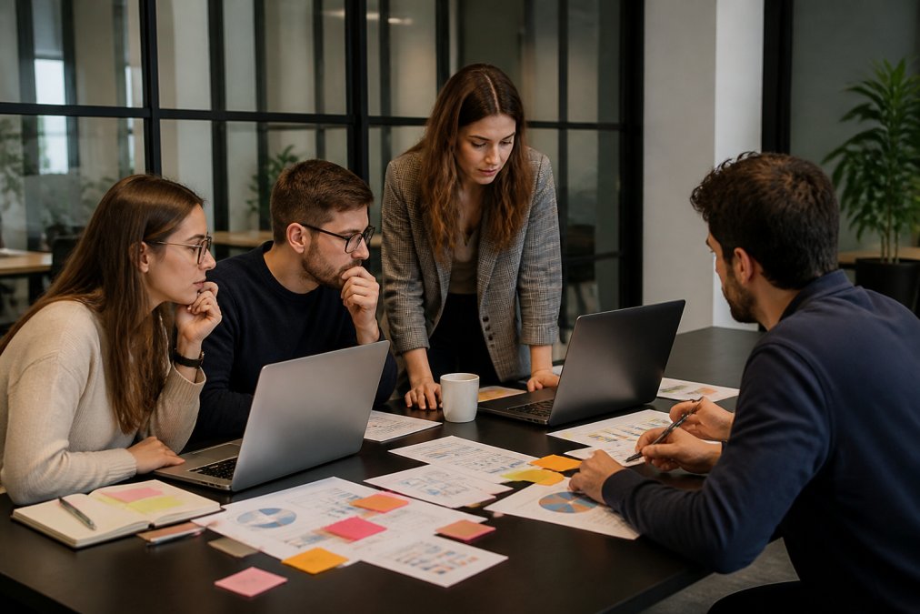 Team of SEO specialists collaborating around a conference table in a modern office, reviewing analytics dashboards and content calendars on laptops and monitors, with printed reports and sticky notes visible