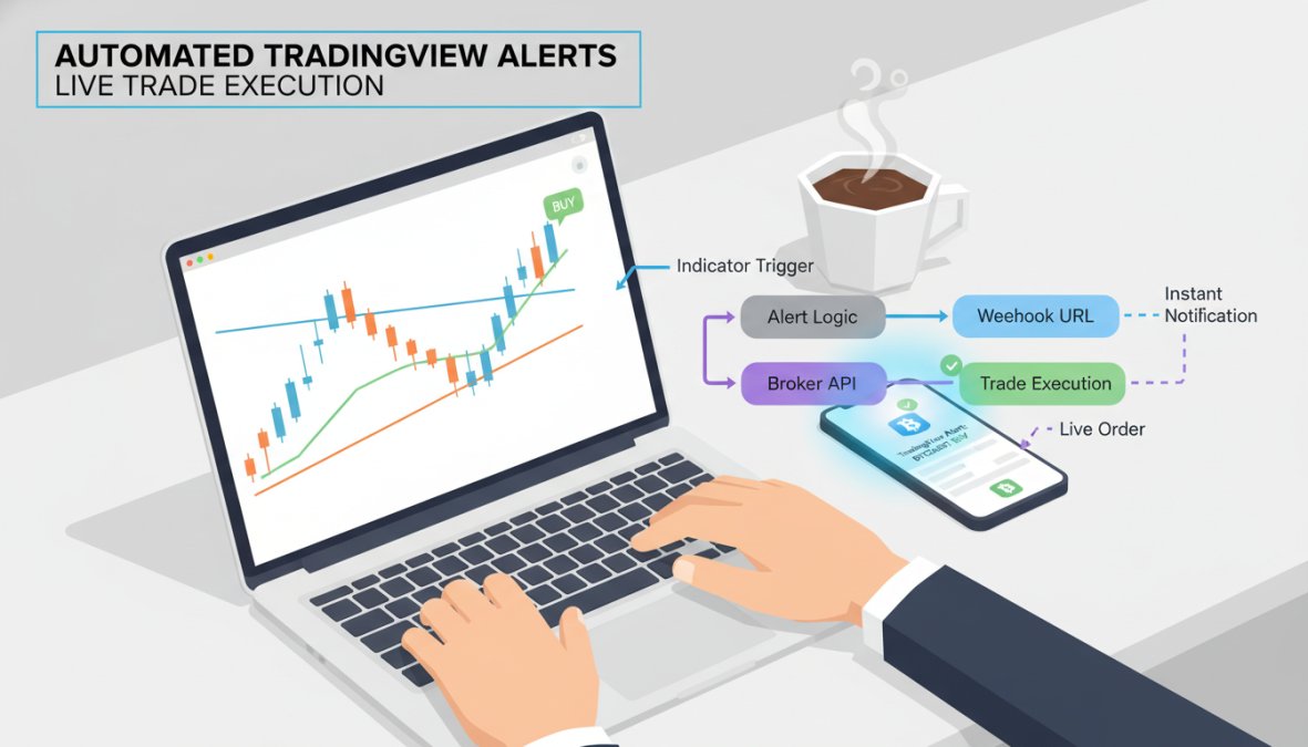 Close-up of hands typing on a laptop keyboard with a smartphone beside it showing a trading alert notification, coffee cup in the background on a clean desk