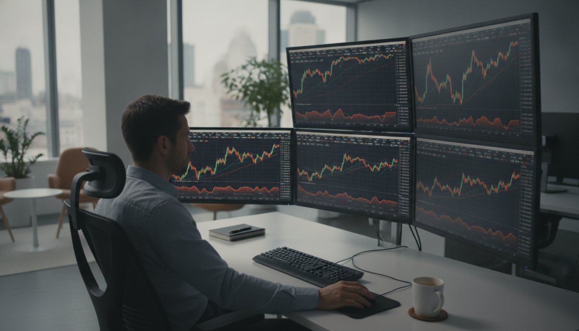 Professional trader monitoring multiple currency pair charts on multi-monitor setup in modern trading office with warm lighting