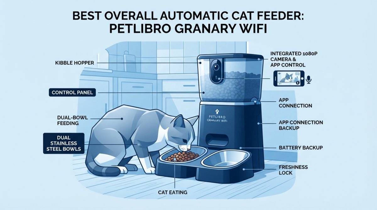 Close-up of a tabby cat eating from an automatic feeder with dual bowls visible in a bright kitchen setting, showing the feeder's camera and stainless steel components