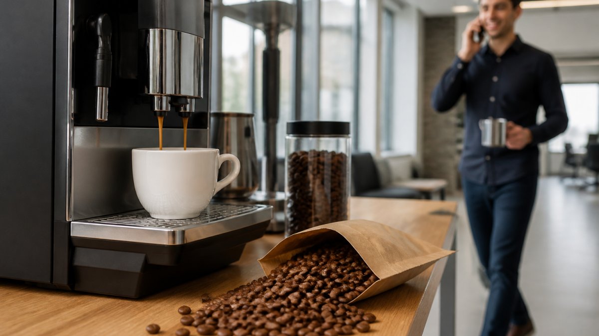 Close-up of a super-automatic espresso machine dispensing a shot of espresso into a white cup, medium-roast coffee beans scattered on a wooden counter, milk frother visible in the background