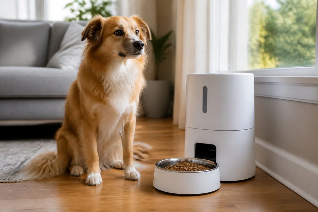 An anxious dog sitting calmly beside a sleek white automatic pet feeder in a cozy living room, soft afternoon light through a window, hardwood floor, a food bowl filled with kibble