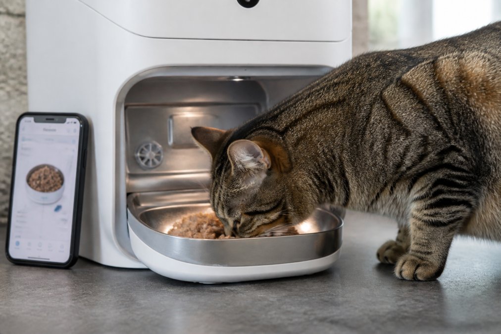 Close-up of a tabby cat eating wet food from a stainless steel bowl inside an automatic feeder, with the cooling chamber visible behind the bowl and a smartphone showing the app interface in the background
