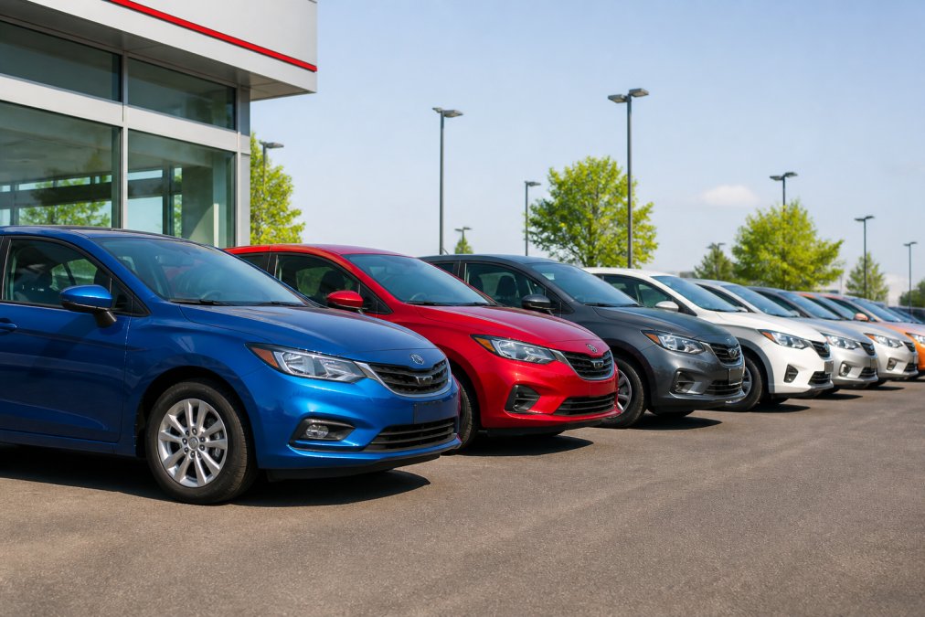 A row of new compact hatchback cars parked in a clean, modern dealership lot, showcasing various colors and styles under bright daylight