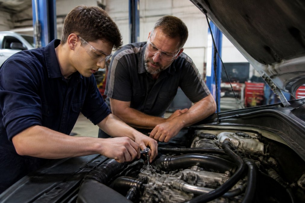 An automotive student in a workshop setting working on a car engine under the guidance of a trainer, with tools and diagnostic equipment visible