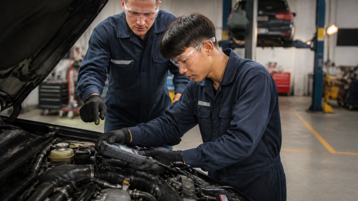 A trainee mechanic in safety gear working on a vehicle engine in a professional workshop, using diagnostic scanning equipment while an experienced trainer observes and provides guidance nearby