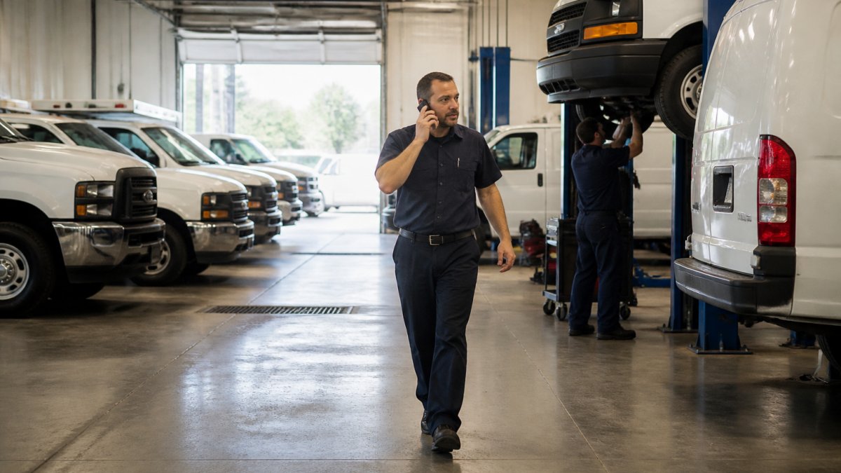 A fleet of white commercial vans and pickup trucks parked in a clean, well-lit auto repair shop with technicians in uniform inspecting a vehicle on a lift