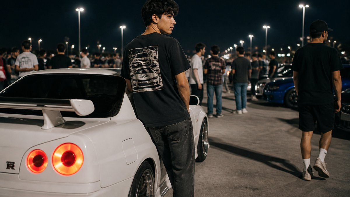 A young car enthusiast wearing a graphic tee leaning against a modified JDM car at a nighttime car meet, with other enthusiasts and cars visible in the background under streetlights