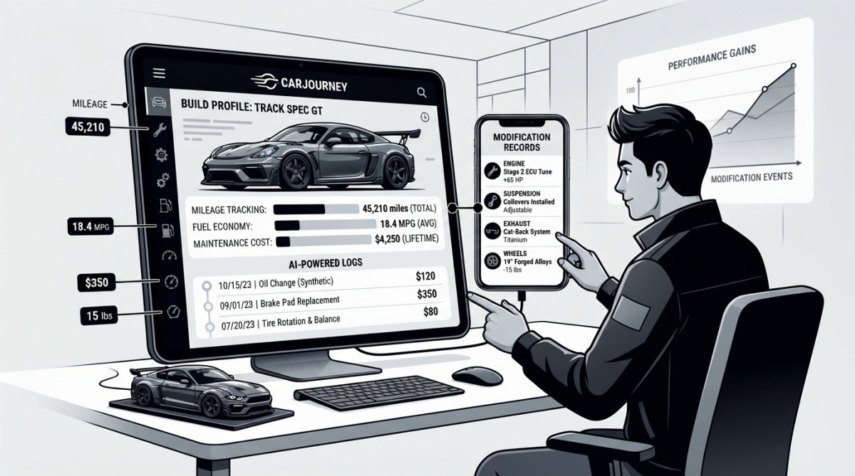 Automotive enthusiast reviewing detailed maintenance logs and custom modification records on a tablet while standing next to their custom-built sports car in a bright garage
