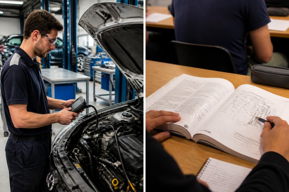 Automotive trade school student using diagnostic scanning tools on a modern engine in a workshop