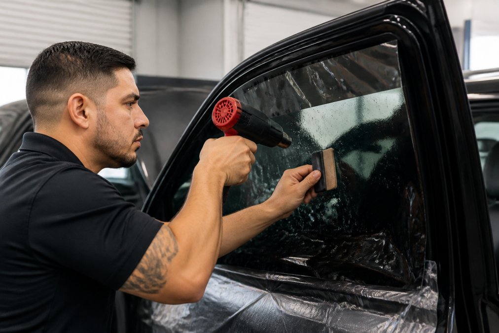 Professional technician carefully applying window tint film to vehicle window using heat gun and squeegee tool, showing precision technique and steady hand placement