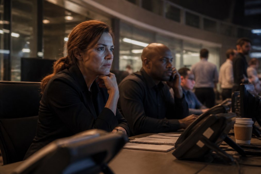 Security team monitoring autonomous AI agent workflows across multiple screens in a control center environment, reviewing real-time execution logs and authorization events with focused attention