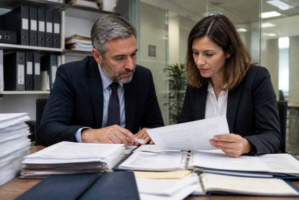 Risk management officer and compliance specialist reviewing AI agent governance policies and audit logs at a workstation, with compliance documentation visible on screens