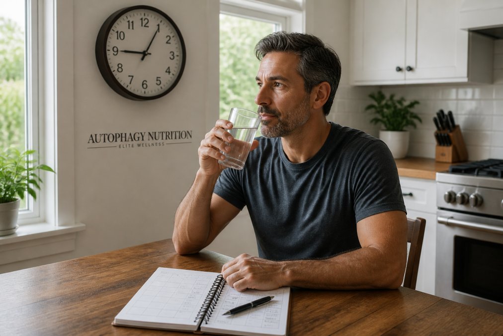 A person in their 40s sitting at a kitchen table in the morning with a glass of water, a small notebook showing a weekly fasting log, and a clock on the wall, natural daylight, calm and focused mood