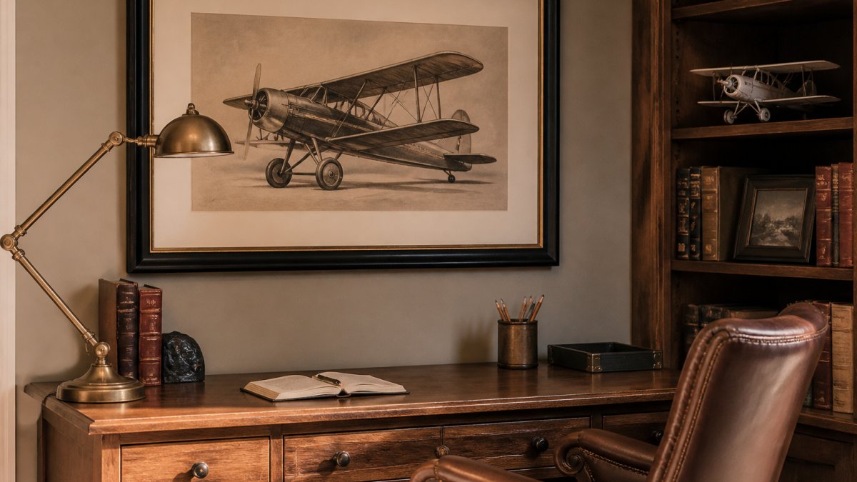 A framed vintage-style aircraft print hanging above a wooden desk in a warm home office, with a leather chair, brass desk lamp, and model airplane on the shelf