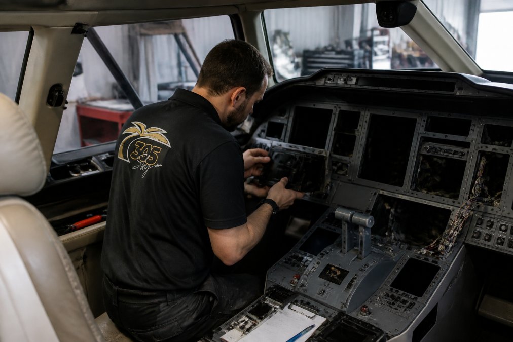Professional avionics technician installing integrated touchscreen displays in modern corporate jet cockpit, working with flight management systems and multifunction displays during installation