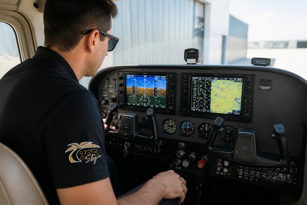 Professional pilot in Cessna 172 cockpit examining modern glass panel avionics displays with multiple screens showing navigation and flight data during pre-flight inspection in natural daylight