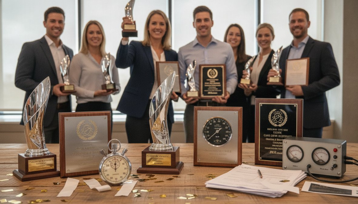 Sales team celebrating together in a modern office, colleagues holding trophies and plaques, smiling and applauding a top performer