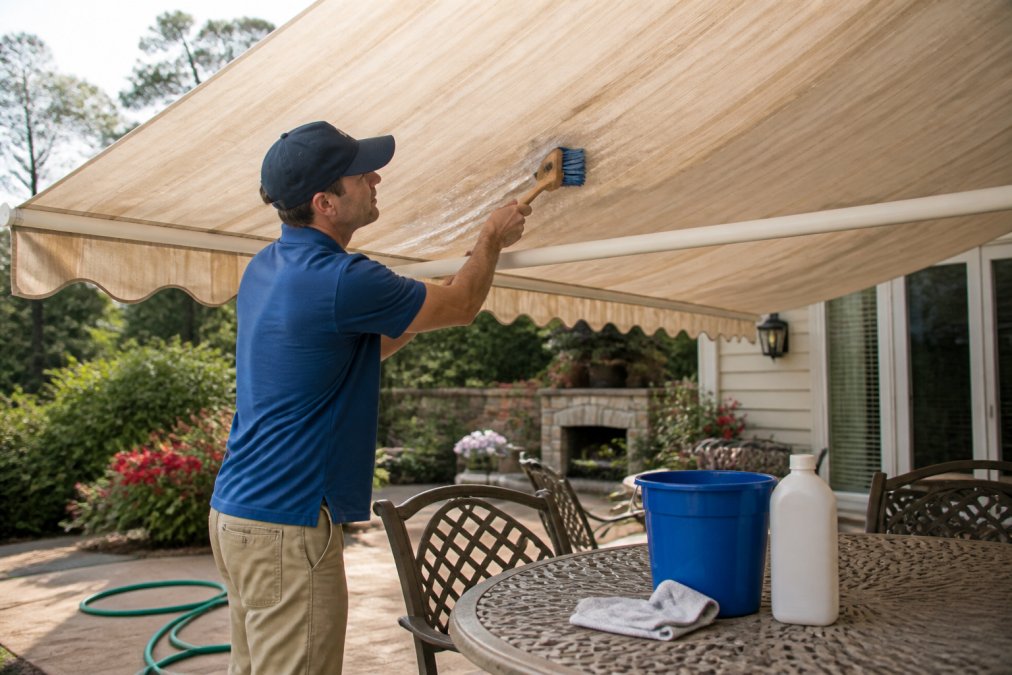 Homeowner using a soft-bristle brush to gently clean outdoor awning fabrics with a mild soapy solution