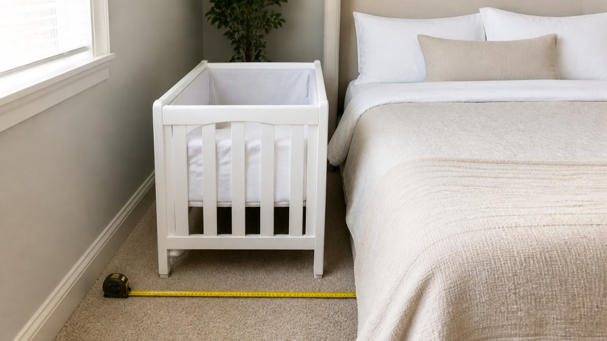 Diagram comparing the space-saving dimensions of a compact mini crib in a small bedroom corner.