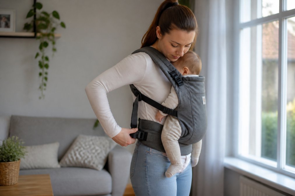 A parent standing in a bright living room adjusting the waist belt of a structured baby carrier, baby resting comfortably in a front-inward carry position, soft natural light through the window