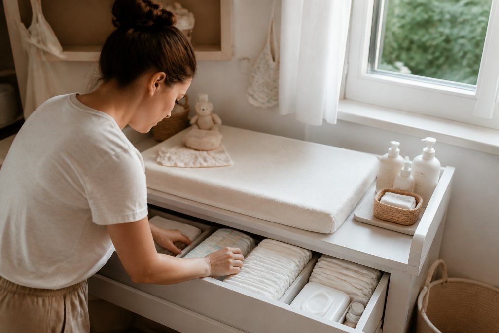 Parent efficiently organizing nappies, wipes, and barrier cream in a well-organized changing station at a nursery dresser with soft natural lighting from a nearby window