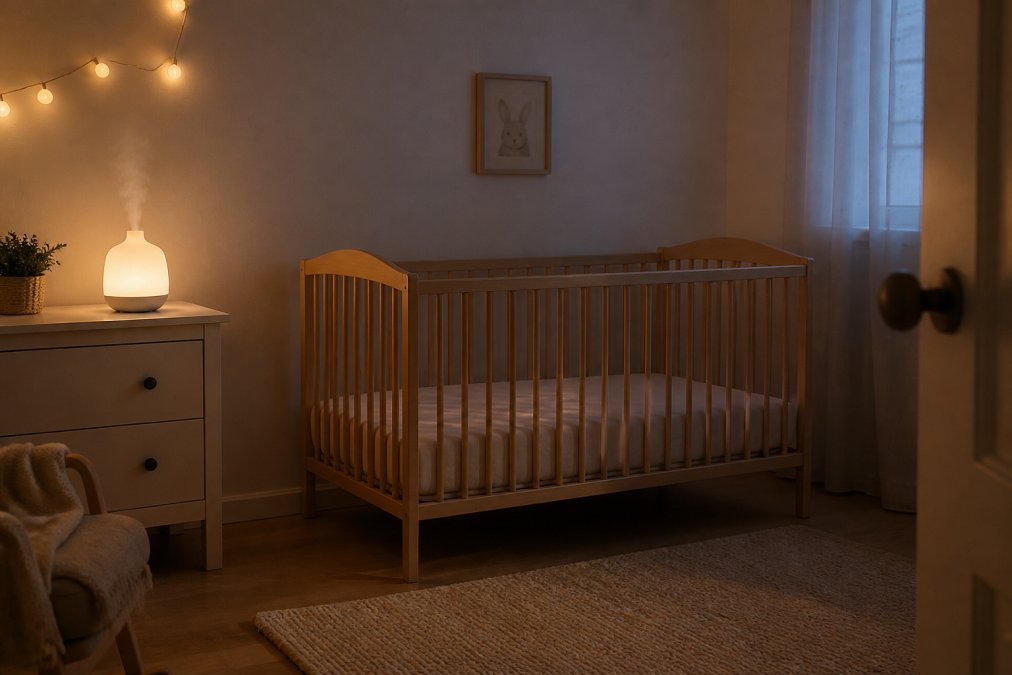 A peaceful, minimalist nursery with a cot positioned safely away from windows and furniture, soft lighting from an aroma diffuser creating a calm sleep space, with breathable bedding and no loose items visible