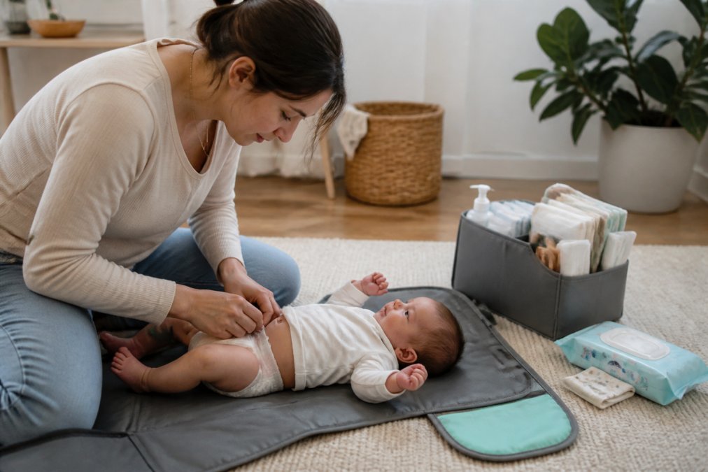 Parent changing a newborn's diaper on a portable changing pad with organized supplies nearby, showing practical daily care setup in soft natural lighting