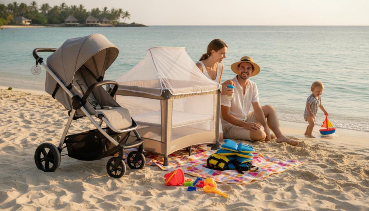 A smiling parent kneeling beside a freshly assembled white crib in a bright beachfront vacation rental room, ocean visible through large windows in the background, warm morning light