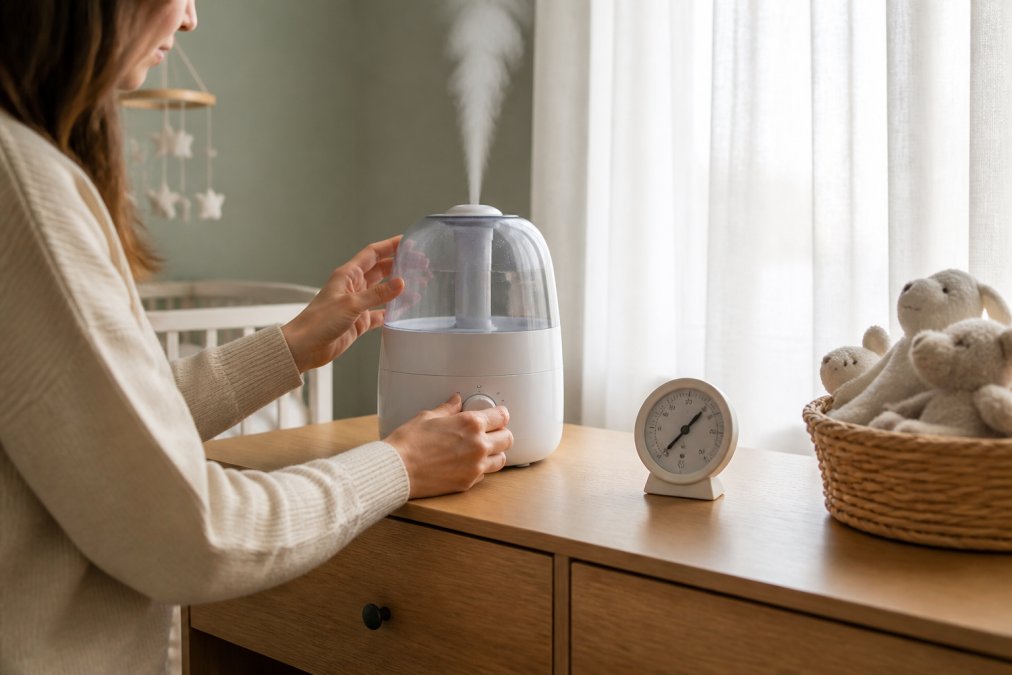 A parent's hands adjusting a small cool mist humidifier on a nursery dresser, with a hygrometer nearby and soft natural light through curtains
