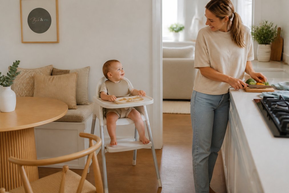Baby sitting in a compact high chair for baby led weaning in a small, bright apartment dining nook